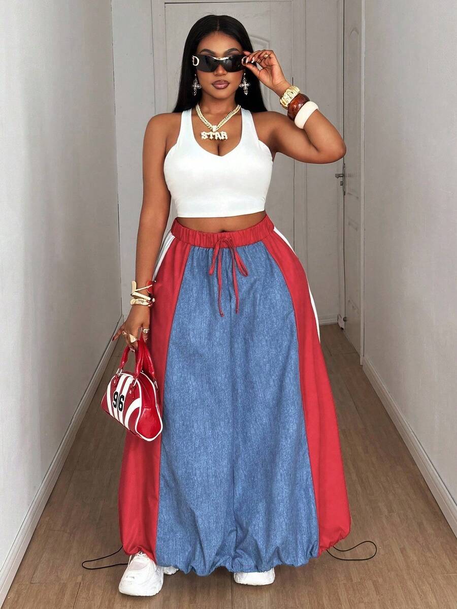 Maweii Váy denim chắp vá không co giãn, màu tương phản, họa tiết denim, dây rút eo, cỡ lớn dành cho nữ, mùa thu/đông - Nhiều màu - Xem 1