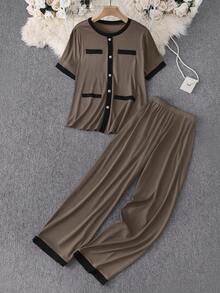 SHEIN Lacomfia 2 pièces/Set Top à manches courtes et pantalon de couleur contrastée élégants et décontractés, ensemble tricoté pour femmes de grande taille - Multicolore - Voir 3