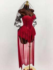 Y2K Amplova Red Halloween Corpse Bride Pure Off-The-Shoulder Lace Panel Corset Women Midi Dresses Vampire Dress Slay Diva Dress Red Corset Dress, Built-In Bra