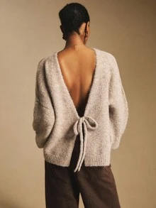 Poéselle Khaki Sweater,Women's Reversible V-Neck & Backless Tie Sweater – Soft Fuzzy Knit Pullover Top,Open Back Sweater, Backless Knit Sweater, Tie Back Jumper, Quiet Luxury Knitwear, Capsule Wardrobe Essential,Women's Casual Loose Knit Sweater With Back Tie Design And Drop Shoulder, Long Sleeve, Suitable For Autumn,Fall/Winter