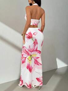 SHEIN PETITE Women's Holiday Halter Top And Skirt Printed Two Pieces Set - White - View 2