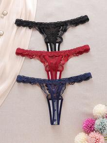 SHEIN 3pcs/Pack Women's Low Waist Lace Thong Panties, Random Heart Pattern - Multicolor - View 2