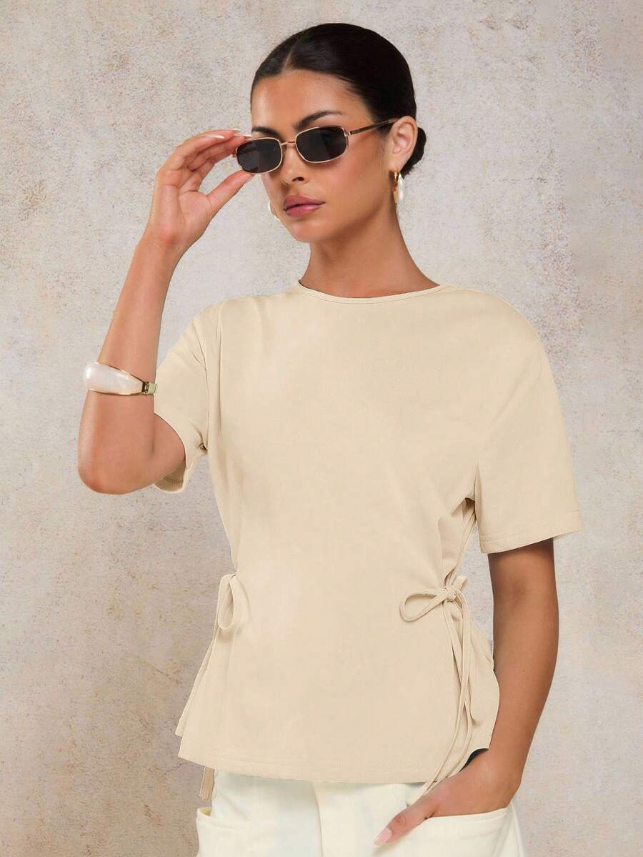 COSMINA Damen Lässig Seitenbindung einfarbiges Kurzarm T-Shirt, Sommer - Aprikosenfarben - Übersicht 1