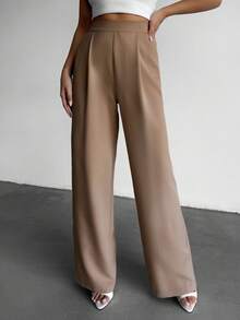 EURMUSE Women's Solid Color High Waist Pleated Wide Leg Loose Casual Pants - Mocha Brown - View 3