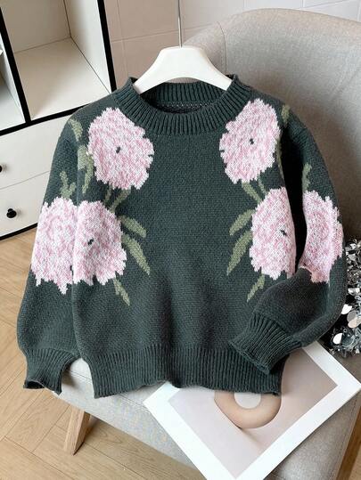 Sparklyn Áo len dệt kim rộng họa tiết hoa jacquard cho bé gái tuổi mới lớn, màu xám đậm, đa năng cho mặc hàng ngày, tiệc tùng, đi nghỉ, thu/đông
