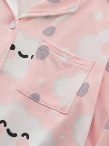 Conjunto de pijama para niñas preadolescentes, estampado de flores, nubes y caras sonrientes, top de manga larga con botones delanteros y pantalones largos, tela ignífuga, elegante y de moda - Rosa Pálido - Ver 5
