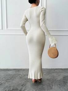 RueChic Solid Rib-knit Split Sleeve Bodycon Jumper Dress - Beige - View 2