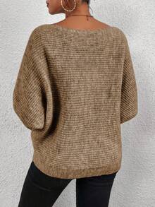 EMERY ROSE Women's Loose Bat Sleeve Pullover Sweater, Casual For Autumn - Khaki - View 2