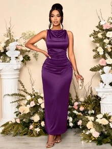 SOLERSUN Đầm dự tiệc không tay cổ xếp nếp màu trơn thanh lịch dành cho nữ, hoàn hảo cho các buổi tiệc - Màu tím - Xem 7