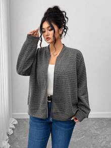 SHEIN CURVE+ Áo khoác rộng rãi có khóa kéo họa tiết cỡ lớn, mùa thu - Xám - Xem 4