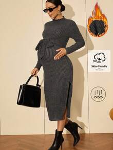 MaterniWear Maternity Casual Side Slit Ribbed Knit Dress, Autumn Maternity Dress Knitted Maternity Dress Maternity Clothes Winter Ribbed Maternity Dress  Winter Dresses For Women