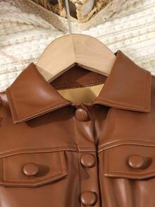 SHEIN Elladie kids Young Girls Casual Fashion Leather Single-Breasted Jacket Fall Winter - Brown - View 3