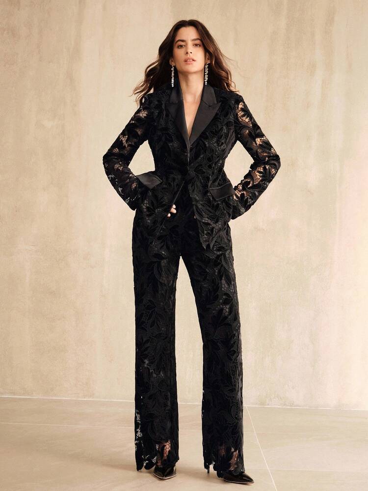 Women's Elegant Chic Formal Outfit - Sophisticated Velvet Hollow-Out Embroidered Blazer And Pants Set, Suitable For Going Out, New Year, Christmas, Graduation, Wedding, Business