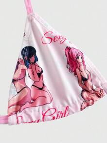 ROMWE Anime 动漫风软杯系带内衣套装，加大码 - 彩色 - 查看 3