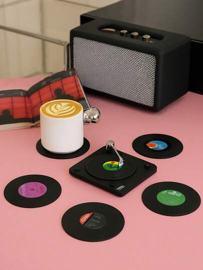 Joivida 6 件套 - 带支架的复古黑胶唱片杯垫 - 优质防滑、耐热杯垫，适用于时尚家居装饰和饮具保护