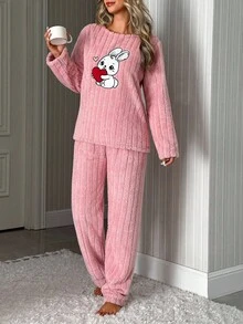 EURMUSE Women 2 Pcs Fuzzy Pelush With Cute Rabbit Embroidery Detail Homewear Pajama Set - Pink - View 3