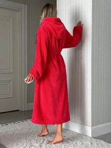 EURMUSE PLUS Women Embroidery Detail Hooded Belted Long Robe - Pink - View 2