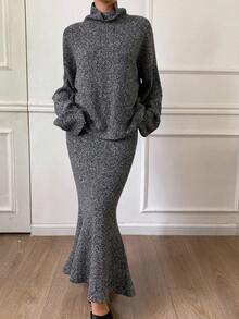 DAZY Women's Casual Solid Color Turtleneck Sweater And Skirt 2 Pieces Set, Autumn