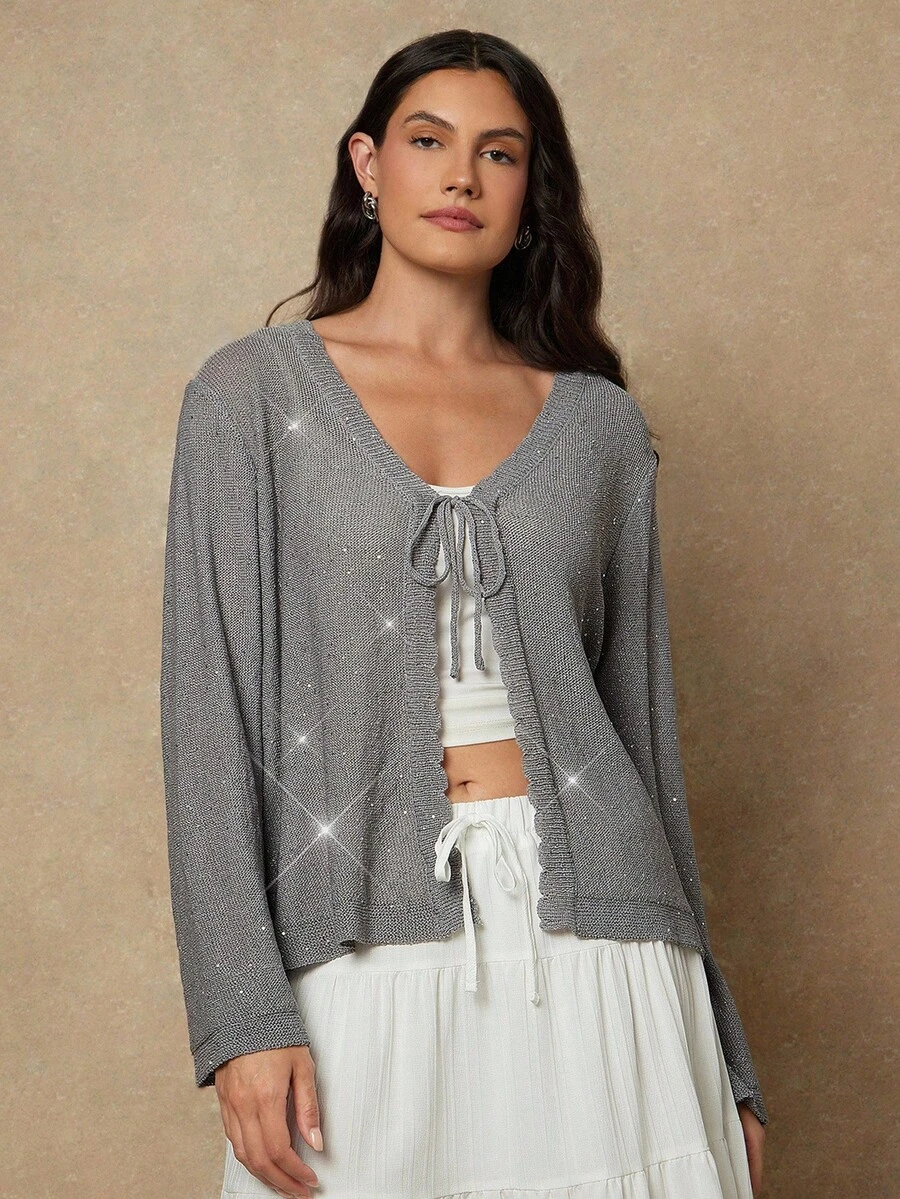 SHEIN VCAY Plus Size Fashionable Commuter Sequin Tie Cardigan Autumn Winter Clothes For Women - Grey - View 1