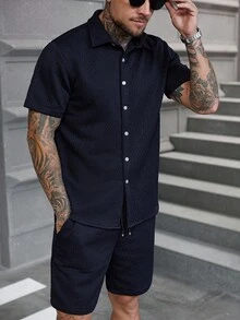 Manfinity Homme 男士几何纹理短袖衬衫和短裤休闲西装，夏季 - 藏蓝色 - 查看 4