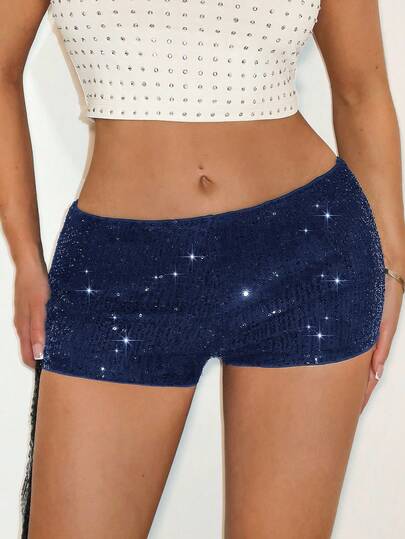 SHEIN BAE Women's Black Sequin Embellished Super Mini Shorts, Shiny Sparkly Shorts For Summer, Suitable For Concerts, Country Concerts, Sexy Outfits, Clubs, Streetwear