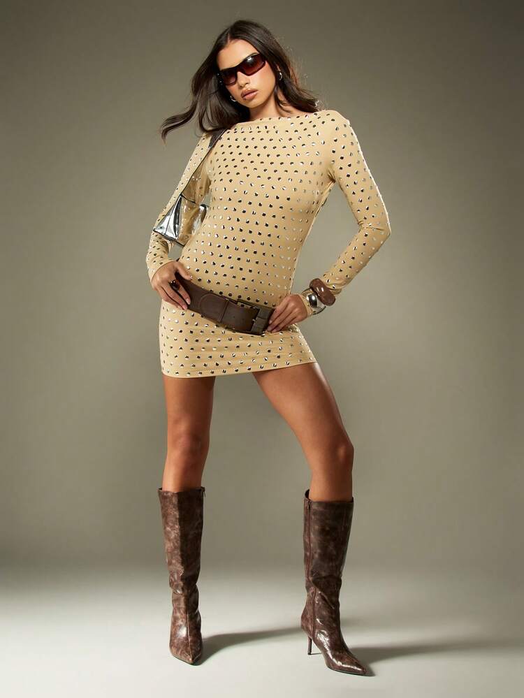 MISSGUIDED Long Sleeve Mini Dress Metallic Polka Dot Pattern Open Back Party Club Night Out Y2K Fashion Fall Winter Statement