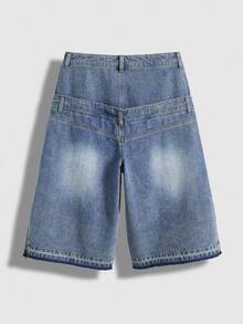 ROMWE MEN Prep Men's Letter Embroidered Dual-Layer Waistband Loose Casual Denim Shorts - Multicolor - View 2