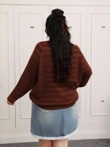 CovetEZ Plus Size Casual Striped Raglan Long Sleeve Plus Size Sweater, Autumn/Winter Fall - Brown - View 2