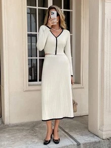 SHEIN Frenchy 女士秋季单排扣长袖针织开衫和针织 A 字裙两件套，休闲 - 杏色 - 查看 5