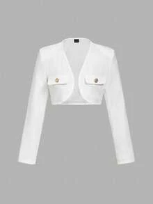 SHEIN MOD 秋冬女式纯色休闲短款轻便夹克 - 白色 - 查看 1