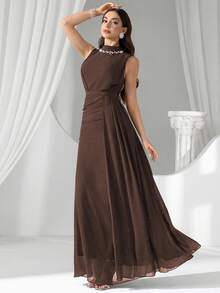 Coutiva 奢华亮片珍珠领晚礼服，高端礼服，优雅气质 - 咖啡棕 - 查看 6