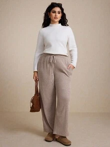 Elaquor Calças femininas casuais plus size com bolso e cordão, outono/inverno - Caqui - Ver 7