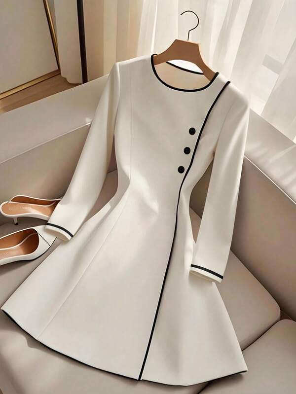 INAWLY Casual Elegant Commuter Color Block Round Neck Long Sleeve Women Dress Fall Cloth For Women