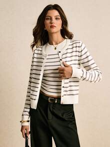 Poéselle 女士条纹长袖针织开衫和无袖针织上衣休闲两件套，秋季 - 灰色 - 查看 2