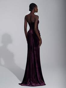 Elitara Thanh lịch, Sang trọng, Thời trang, Gợi cảm, Màu đỏ tía, Vải nhung, Cúp ngực, Viền váy đuôi cá, Xòe, Thích hợp cho kỳ nghỉ, Sự kiện đám cưới, Tiệc độc thân, Váy dạ hội trang trọng, Váy dạ hội trang trọng - Màu tím đậm - Xem 3