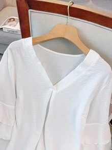 GlowEve CURVE Plus Solid V Neck Flounce Sleeve Blouse - White - View 3