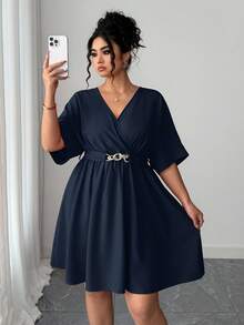 Elenzga 优雅V领收腰短款红色晚礼服，夏季休闲简约风格 - 藏蓝色 - 查看 4