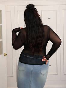 CovetEZ Women's Plus Size Mesh Perspective Long Sleeve Top