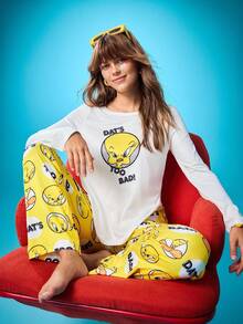 Chillnights X LOONEY TUNES Women's Cute Tweety Bird Cartoon Pattern Comfortable Long Sleeve Top & Pants Pajama Set, Fall Winter Clothes - Multicolor - View 1