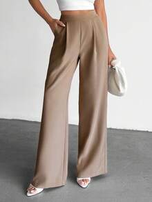 EURMUSE Women's Solid Color High Waist Pleated Wide Leg Loose Casual Pants - Mocha Brown - View 5