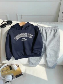 男婴/女婴休闲舒适百搭字母印花长袖连帽衫和抽绳裤套装，适合生日派对、洗礼、1 岁生日庆祝、晚会、表演、婚礼等场合 - 彩色 - 查看 7