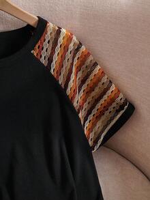 EMERY ROSE Plus Size Women Patchwork Striped Raglan Sleeve T-Shirt  Summer Outfits  Spring Outfits For Women  Vacation Outfits Woman - Multicolor - View 5