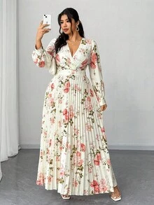 Elenzga Plus Size Women's Spring/Summer Vacation, Elegant Romantic Party, Wedding Guest Floral Print Long Sleeve V-Neck Pleated Flowing Maxi Dress - Multicolor - View 1
