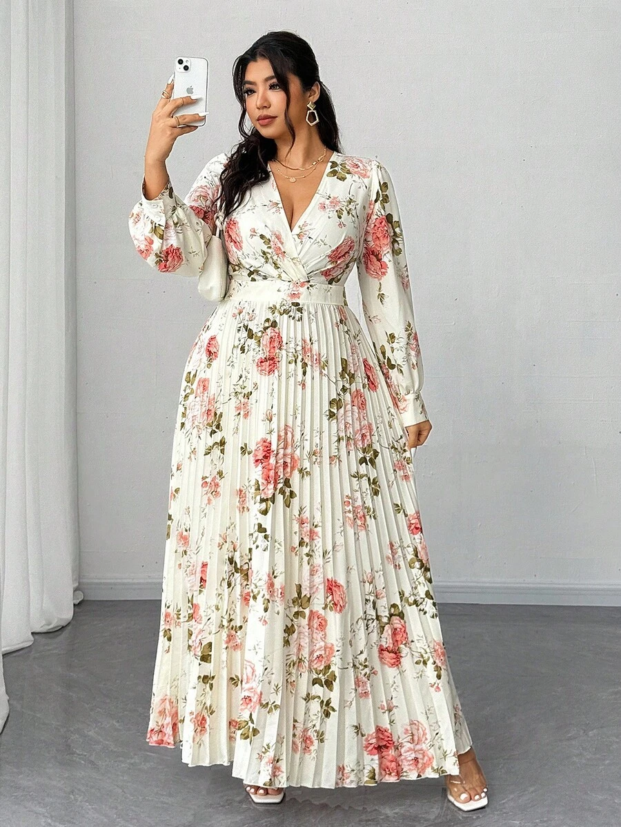 Elenzga Plus Size Women's Spring/Summer Vacation, Elegant Romantic Party, Wedding Guest Floral Print Long Sleeve V-Neck Pleated Flowing Maxi Dress - Multicolor - View 1