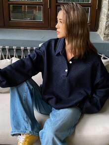 DAZY 女式宽松 Polo 领亮面面料长袖运动衫 - 藏蓝色 - 查看 4