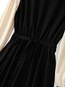 GlowEve CURVE 大码女式 V 领黑色纯色金属纽扣拼接杏色长袖金属扣腰带通勤休闲优雅 A 字连衣裙，秋冬