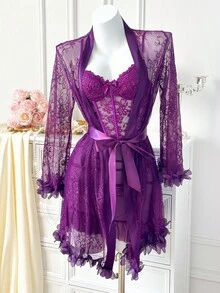 Seduluxe 2pcs Set: 3D Floral Lace Robe + Fishbone Waist Design Lace Camisole Nightgown - Purple - View 4