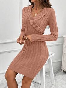 EMERY ROSE Elegant Women's Autumn Cable Pattern Long Sleeve Fitted Knit Dress - Coral Orange - View 4