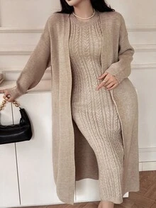 DAZY Women's Elegant Sleeveless Dress & Long Cardigan Two Pieces Set, Autumn - Khaki - View 6