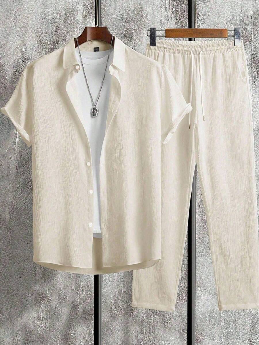 Manfinity Homme 2pcs Men's Simple Solid Color Textured Shirt And Pants Casual Set, Summer, Formal - Apricot - View 1